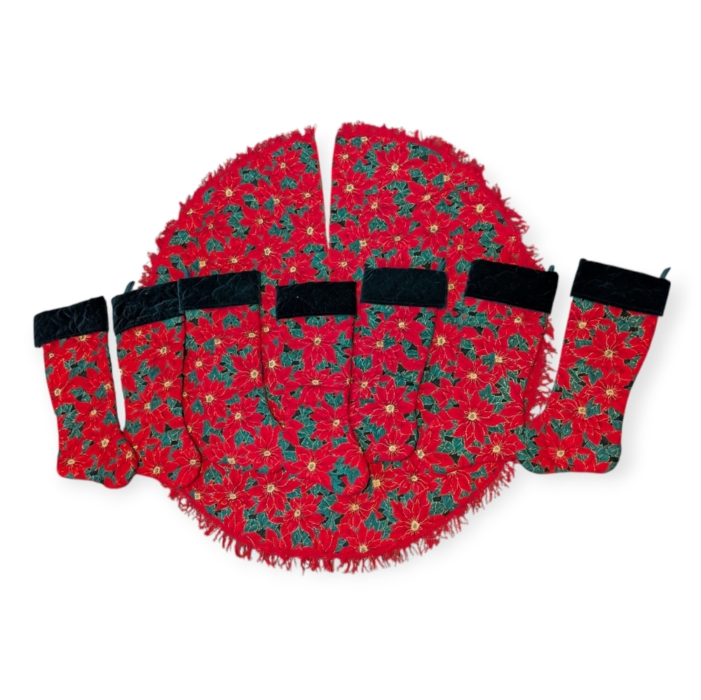Vintage Red and Green Christmas Tree Skirt and Stockings Set